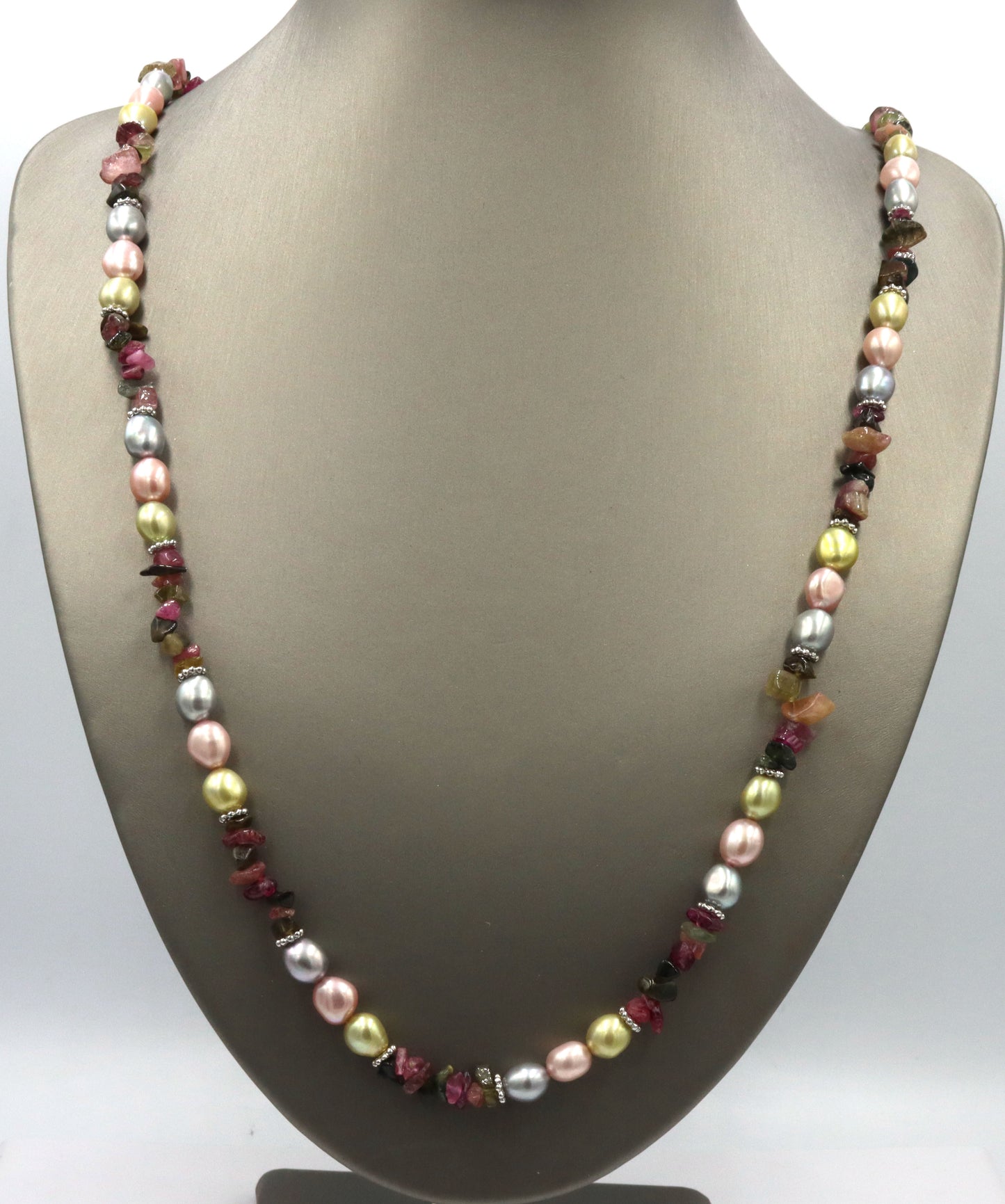 Multi color pearl strand necklace with silver clasp