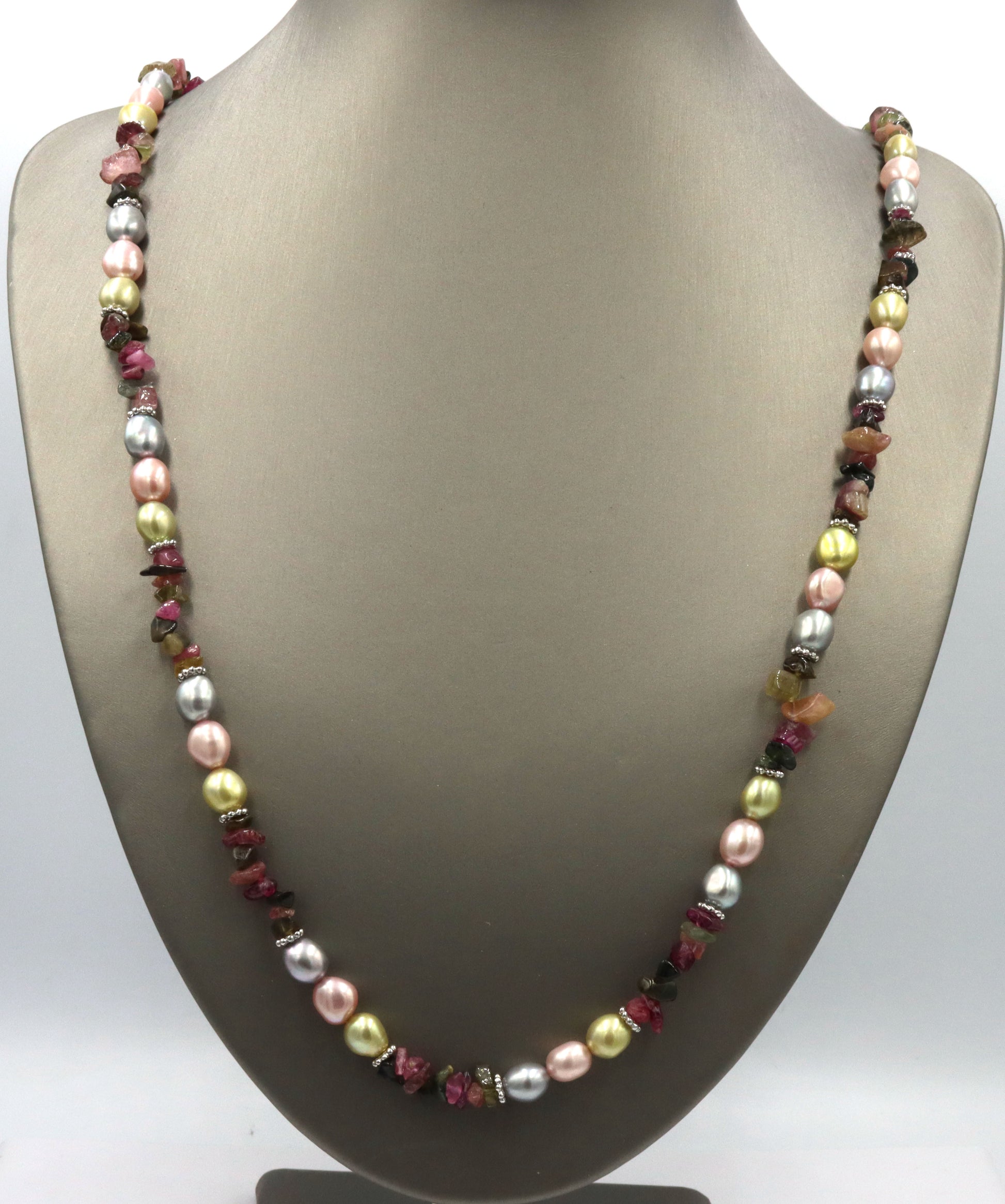 Multi color pearl strand necklace with silver clasp