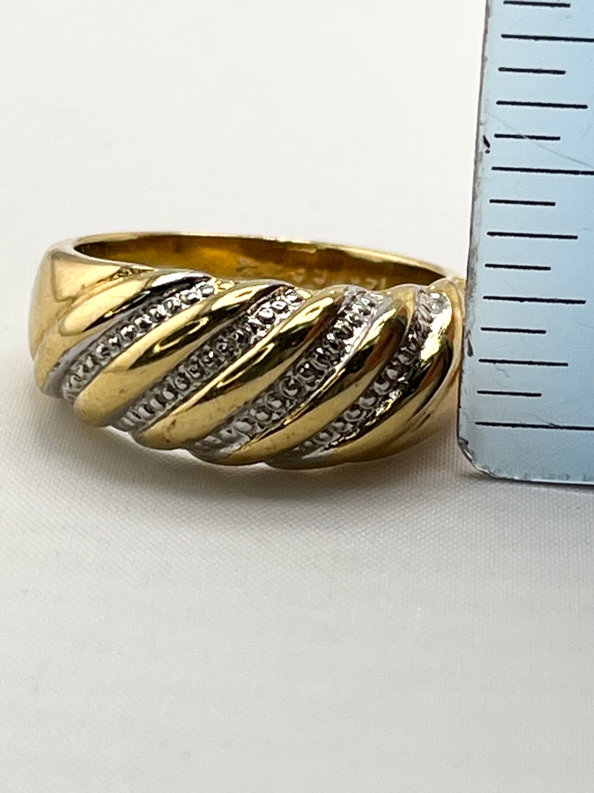 14KT Yellow Gold Two Tone Dome Twisted Braided Design With Rows Of Diamond Accent Ring