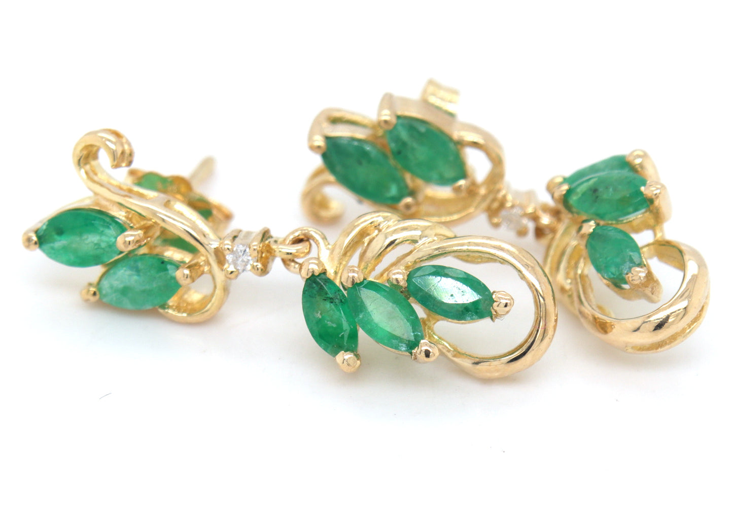 14kt Yellow gold Marquise emerald and diamond dangle earrings