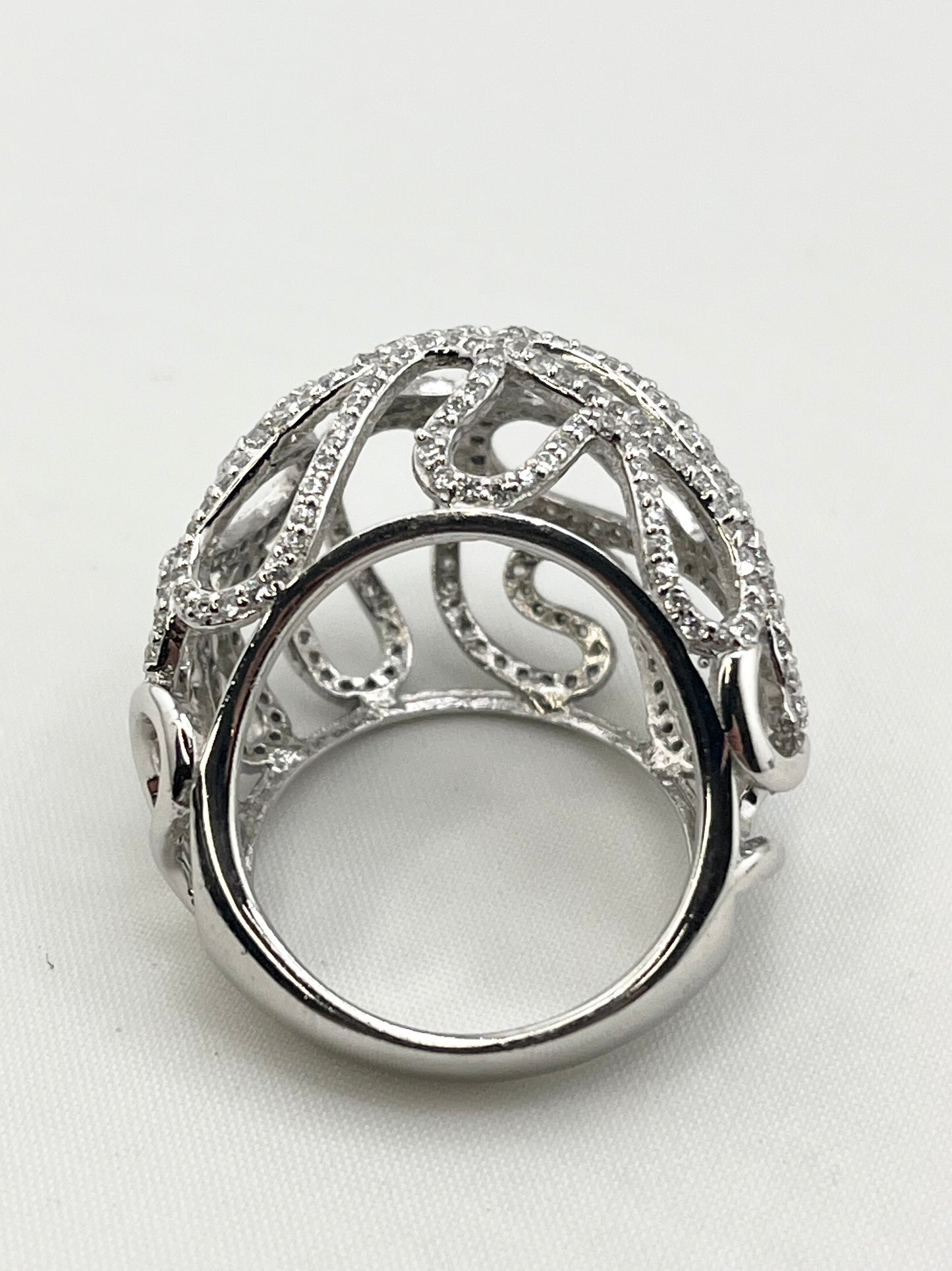 925 Sterling Silver Open Work Crystal pave Wave Scroll Motifs Ring