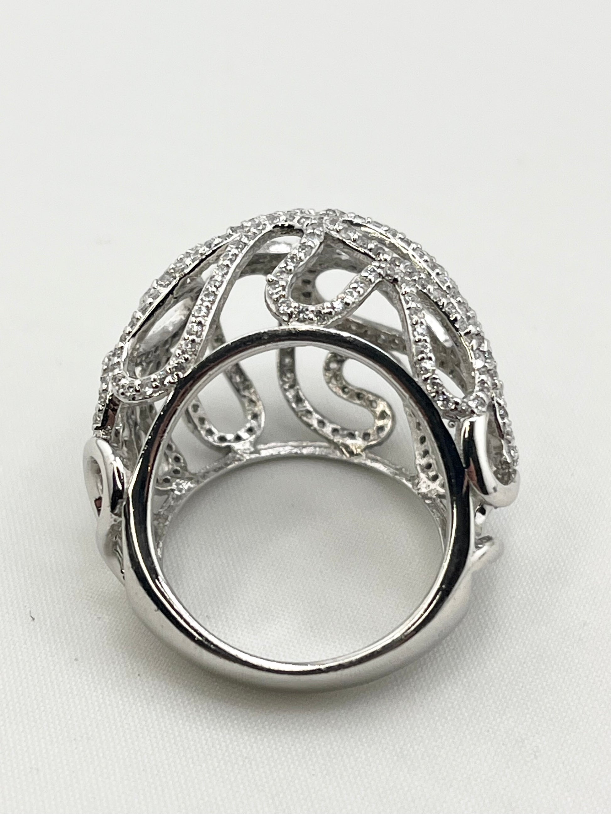 925 Sterling Silver Open Work Crystal pave Wave Scroll Motifs Ring