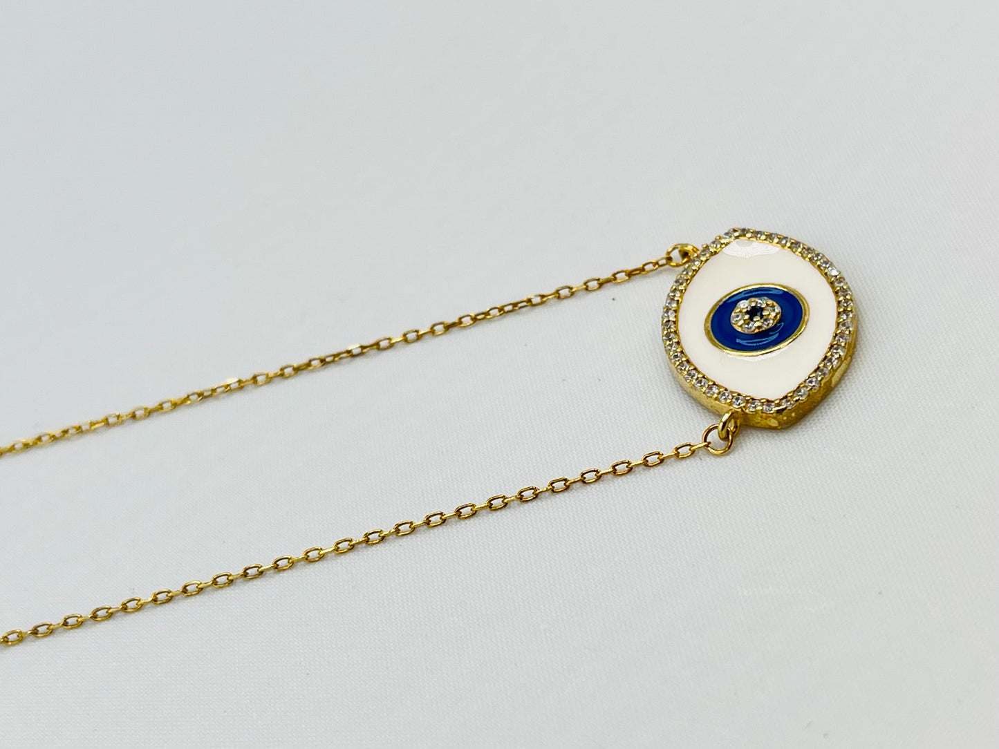925 Gold Tone Sterling Silver Evil Eye White Enamel Blue Eye Center Pendant With Chain Necklace