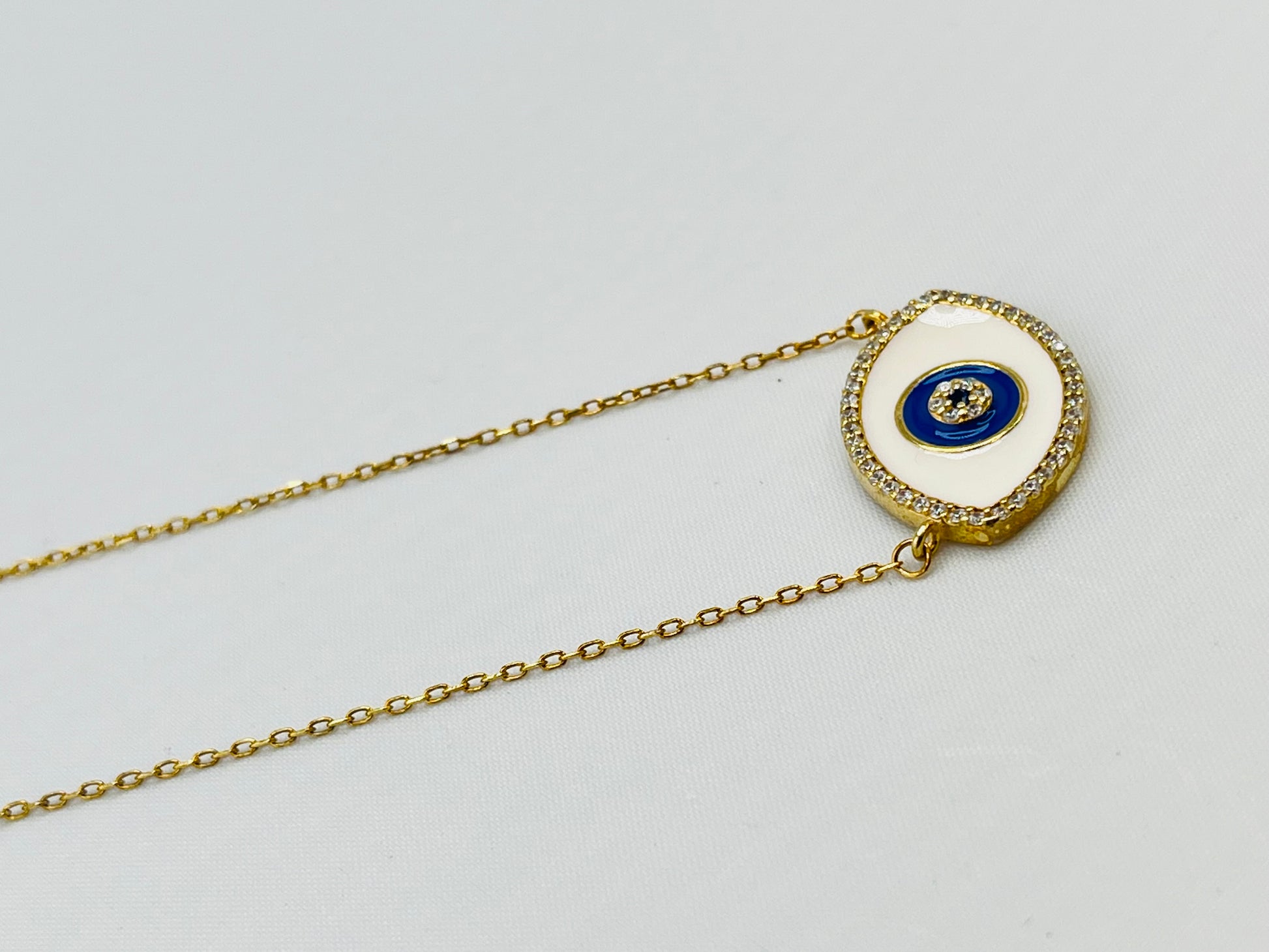 925 Gold Tone Sterling Silver Evil Eye White Enamel Blue Eye Center Pendant With Chain Necklace
