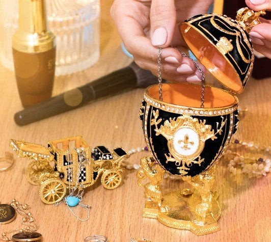 Royal Imperial Black Russian Fabergé Egg Replica with Black Carriage