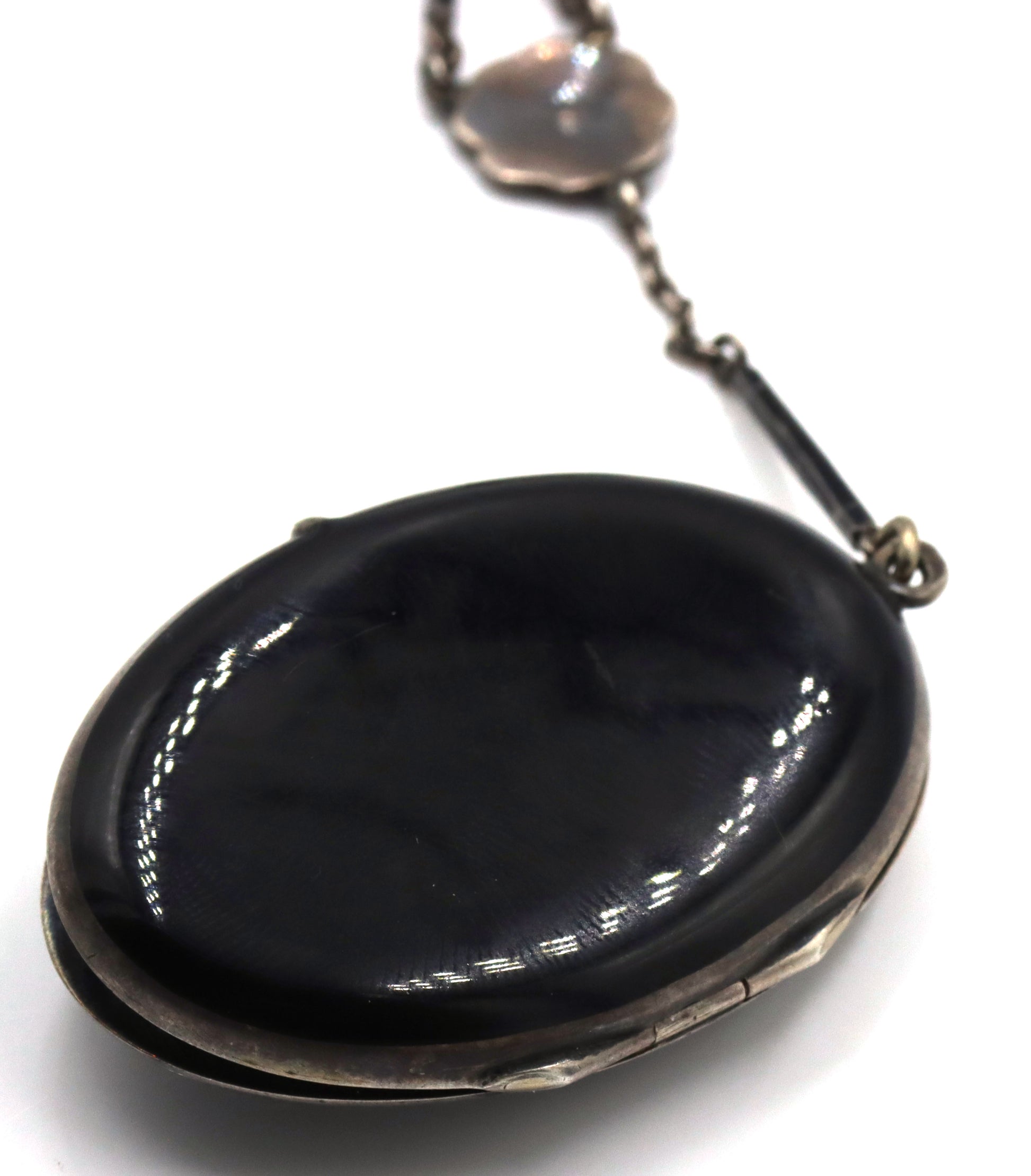 Vintage 925 sterling silver black onyx photo locket pendant lariat necklace