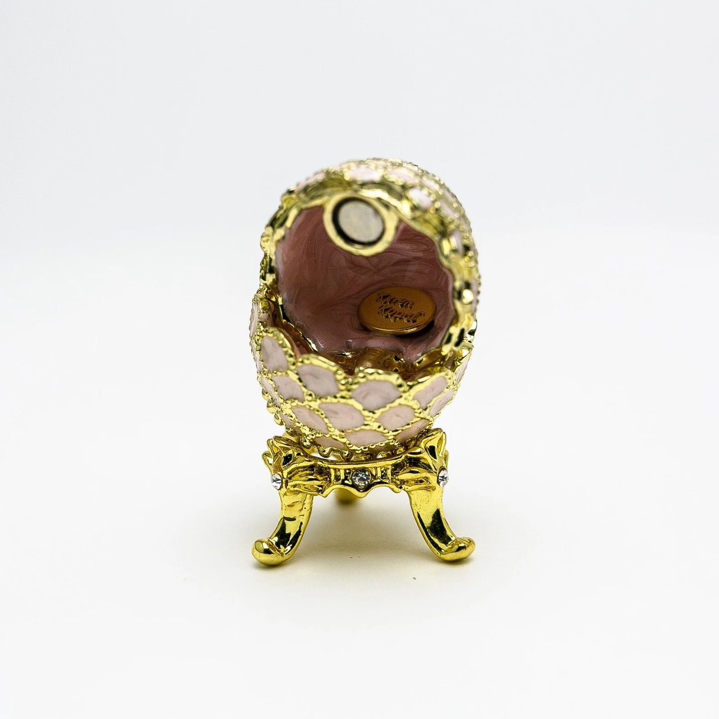 Hand-Painted Golden Pink Enamel Egg Trinket Box with Crystal Accents