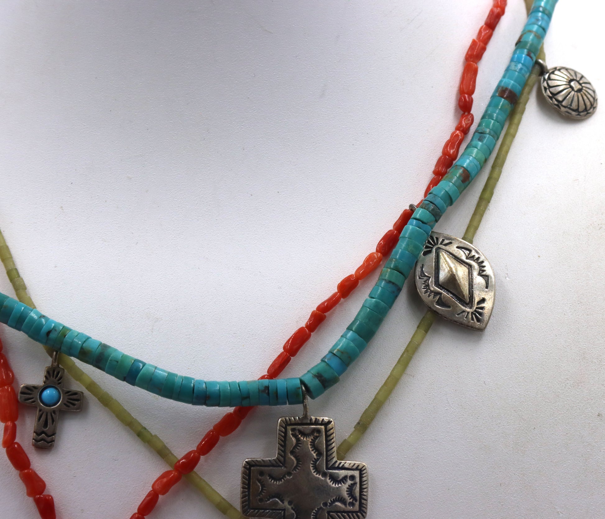 American Indian Navajo 3 strand turquoise and coral necklace with charms