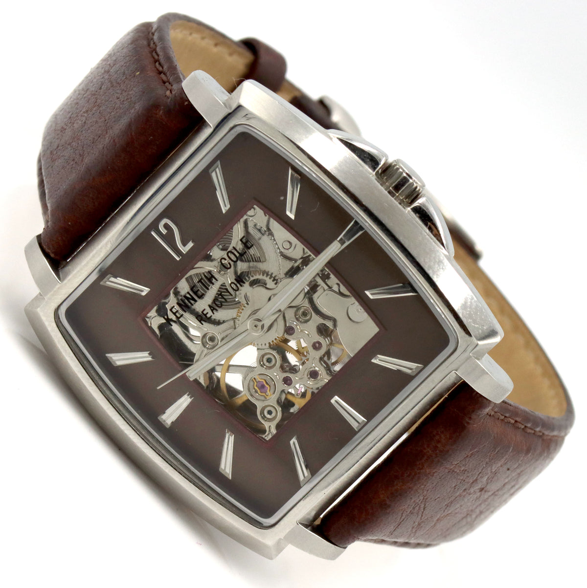 Kenneth Cole Tank Skeleton leather band watch
