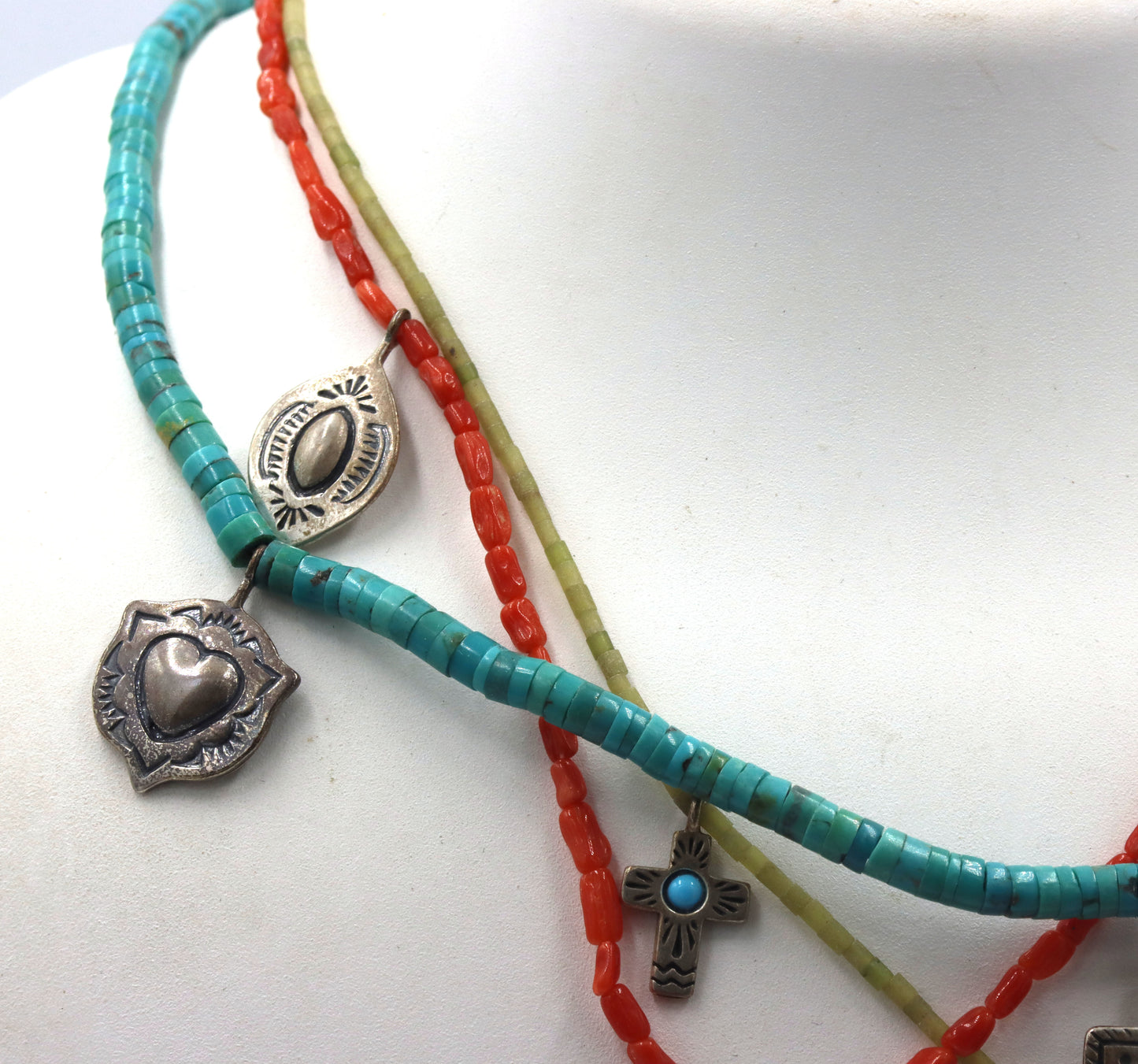 American Indian Navajo 3 strand turquoise and coral necklace with charms