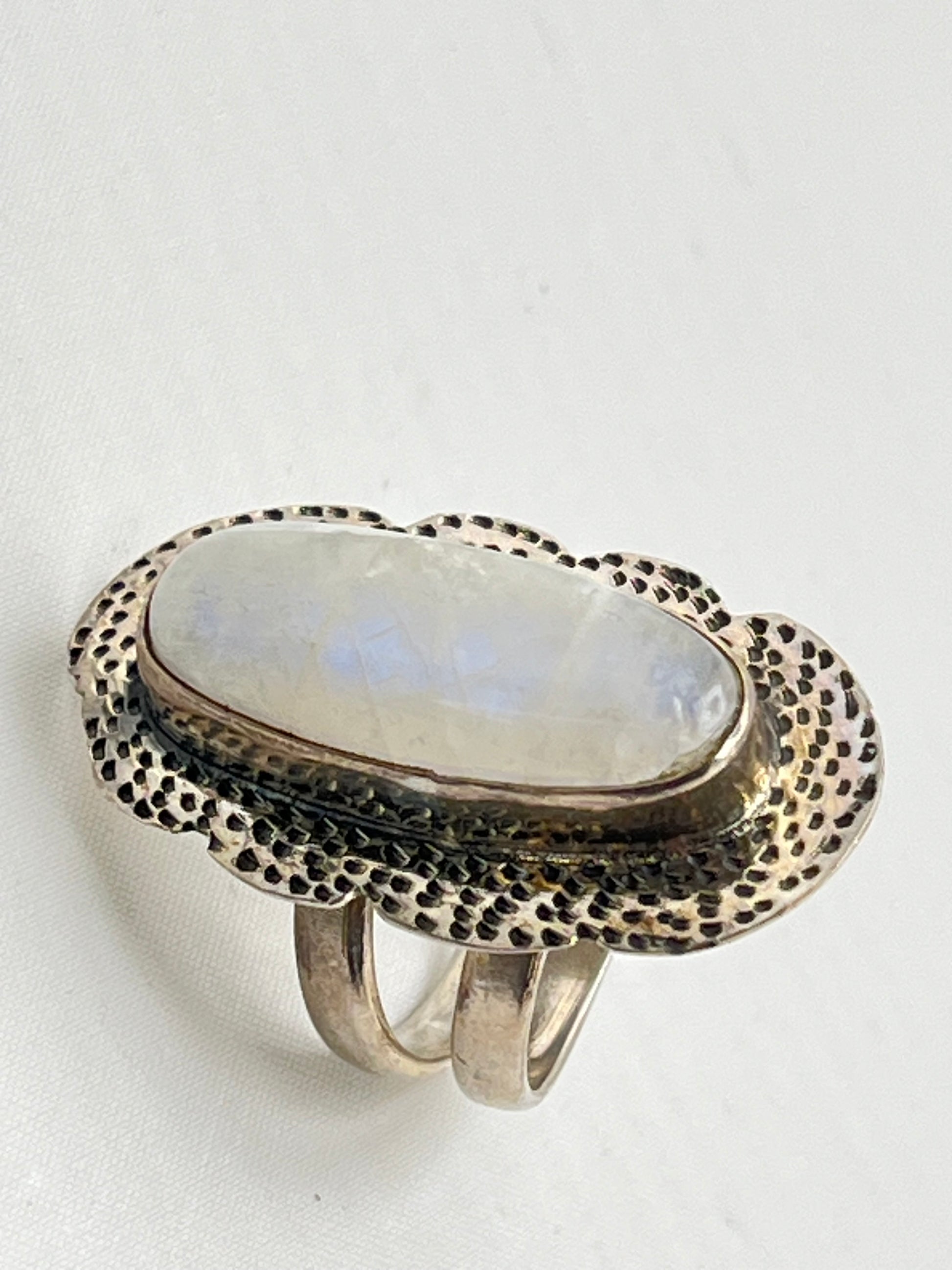 925 Sterling Silver Boho Style Large Rainbow Moonstone Ring