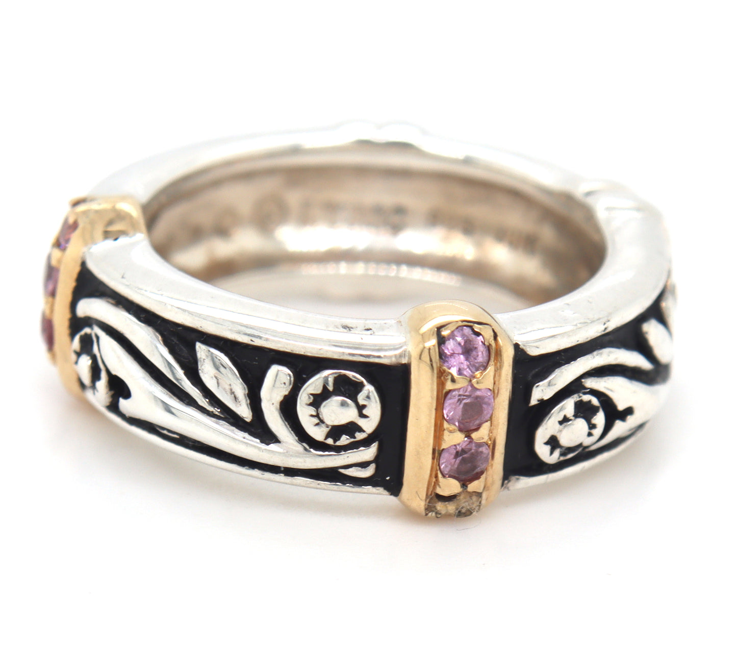 925 Sterling silver two tone band with pave pink sapphires