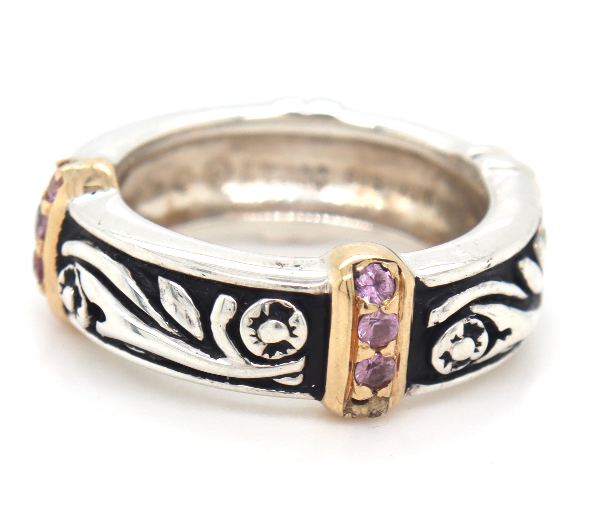 925 Sterling silver two tone band with pave pink sapphires