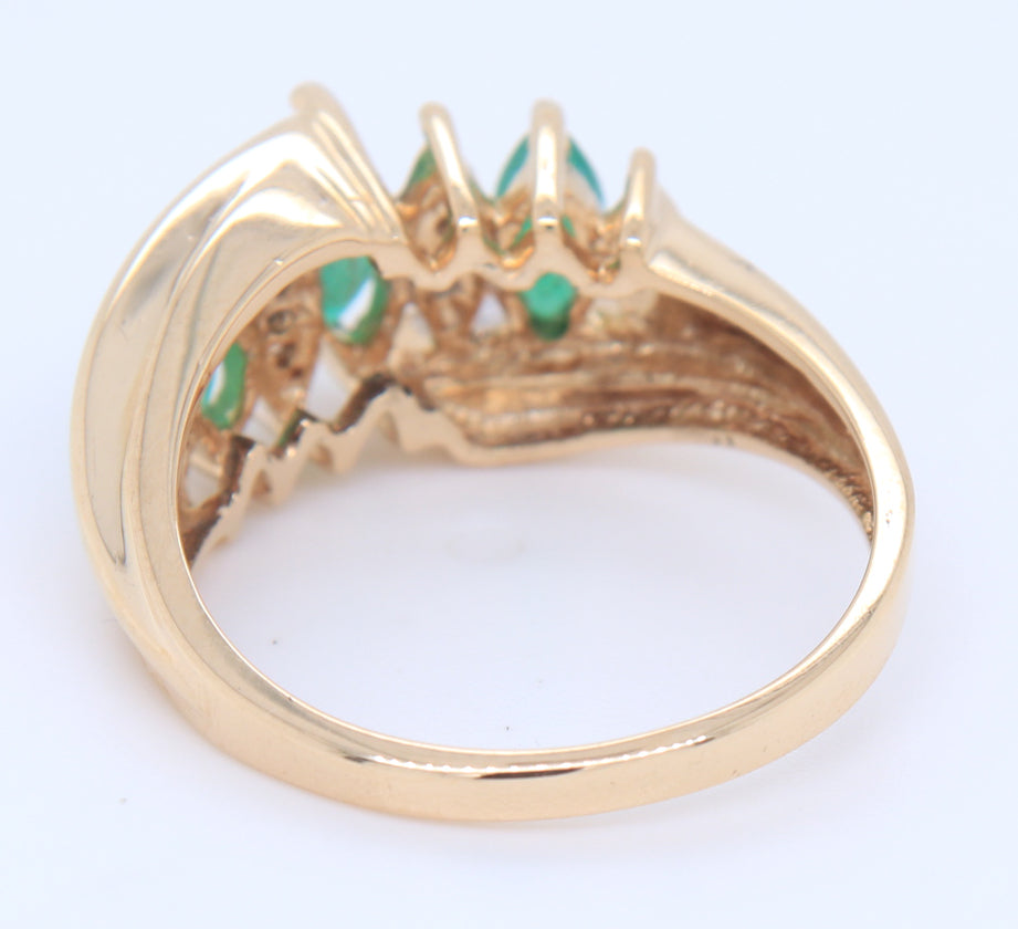 Gorgeous Yellow Gold Marquise Emerald and Diamond Dome Cocktail Ring