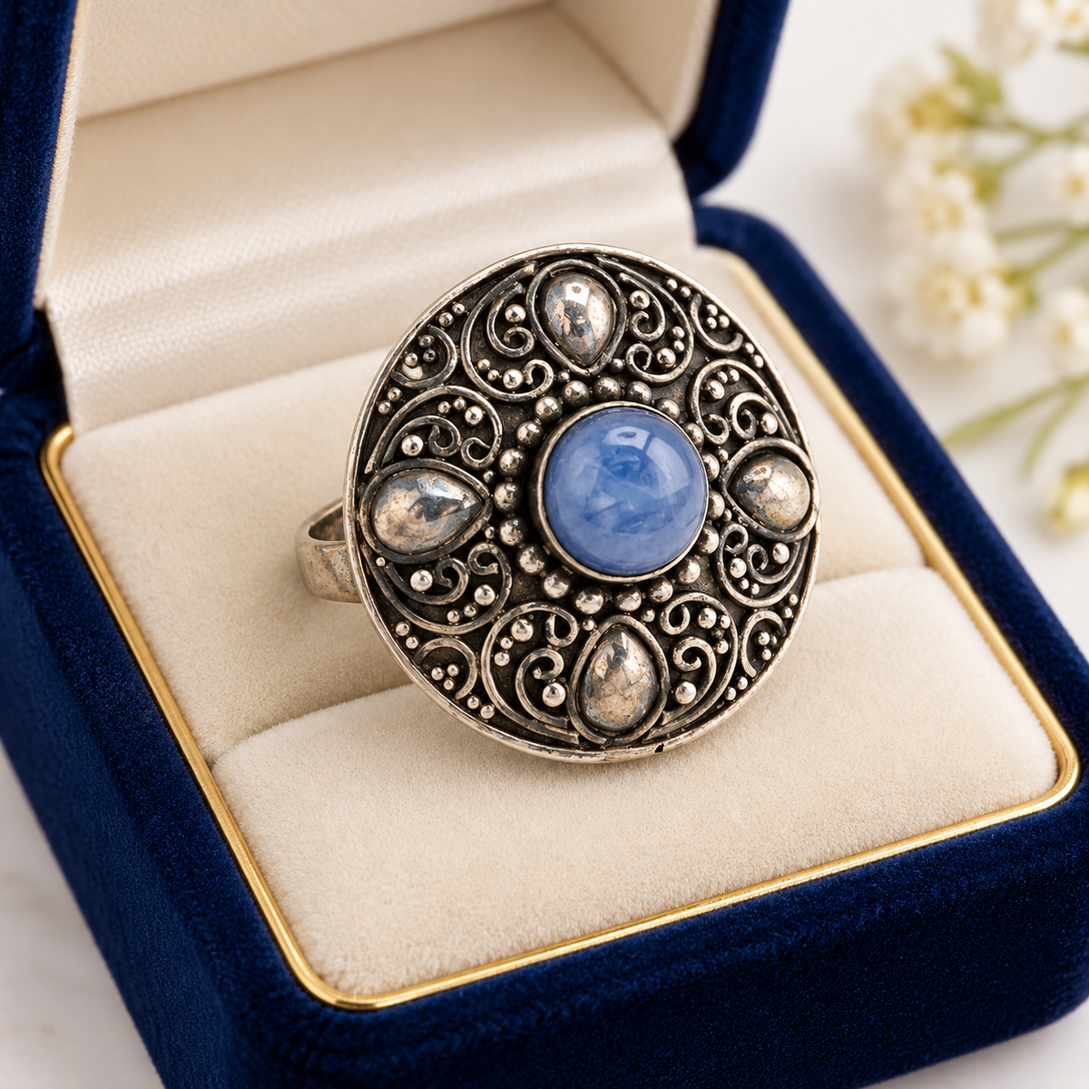 925 Sterling Silver Vintage Etruscan Revival Design Blue Opal Ring