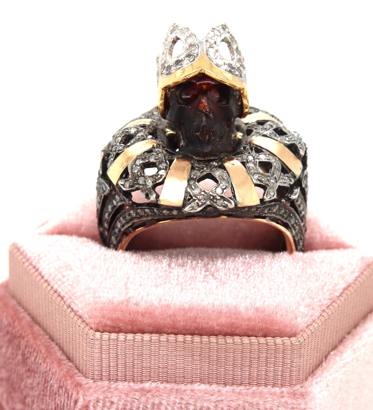 Gent's carved stone skull silver and 10kt gold diamond ring