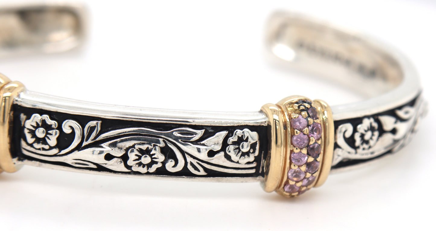 925 Sterling silver two tone cuff bangle with pave pink sapphire