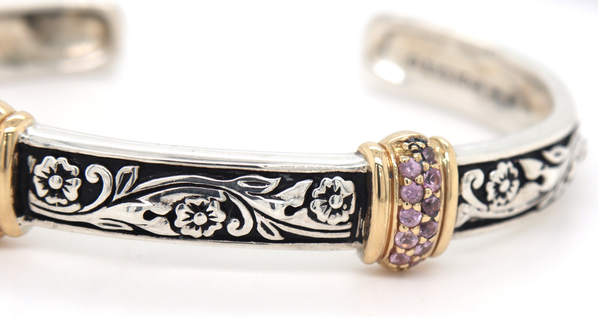 925 Sterling silver two tone cuff bangle with pave pink sapphire