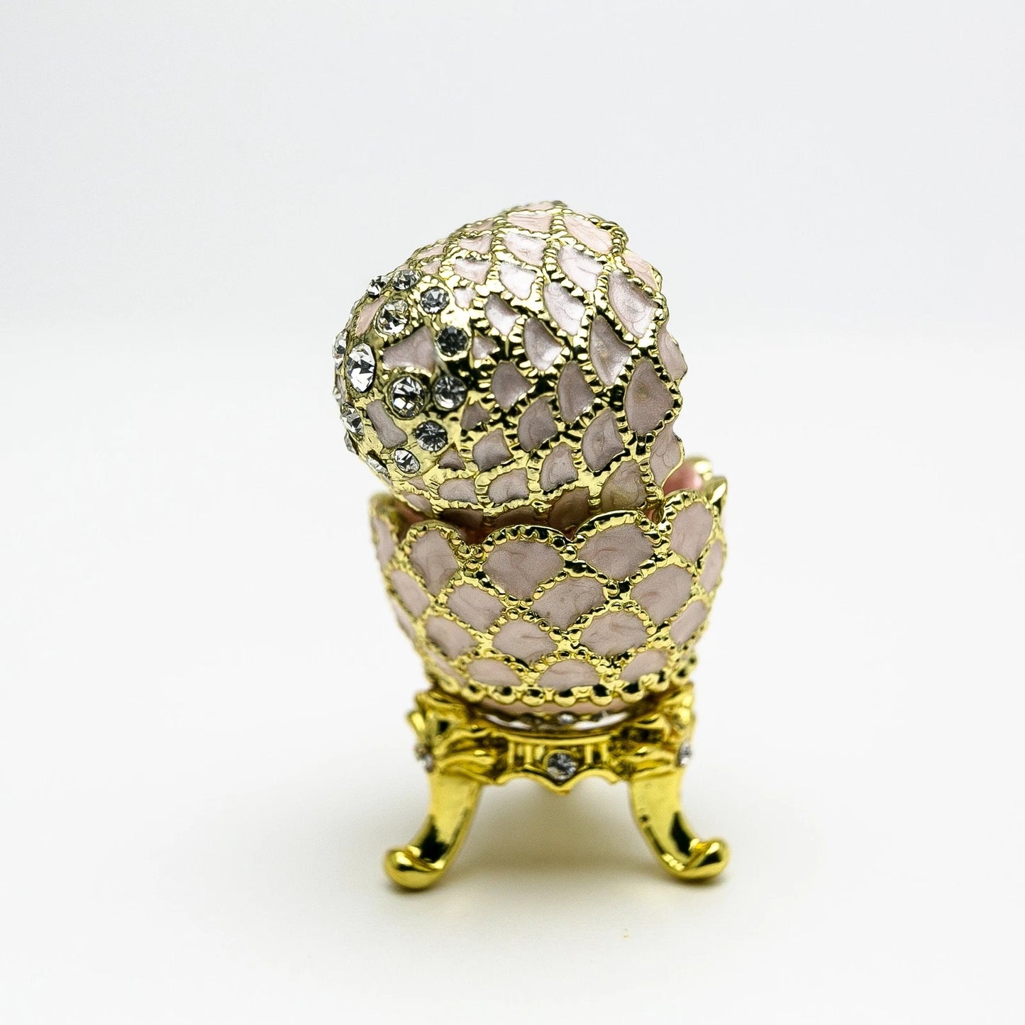 Hand-Painted Golden Pink Enamel Egg Trinket Box with Crystal Accents