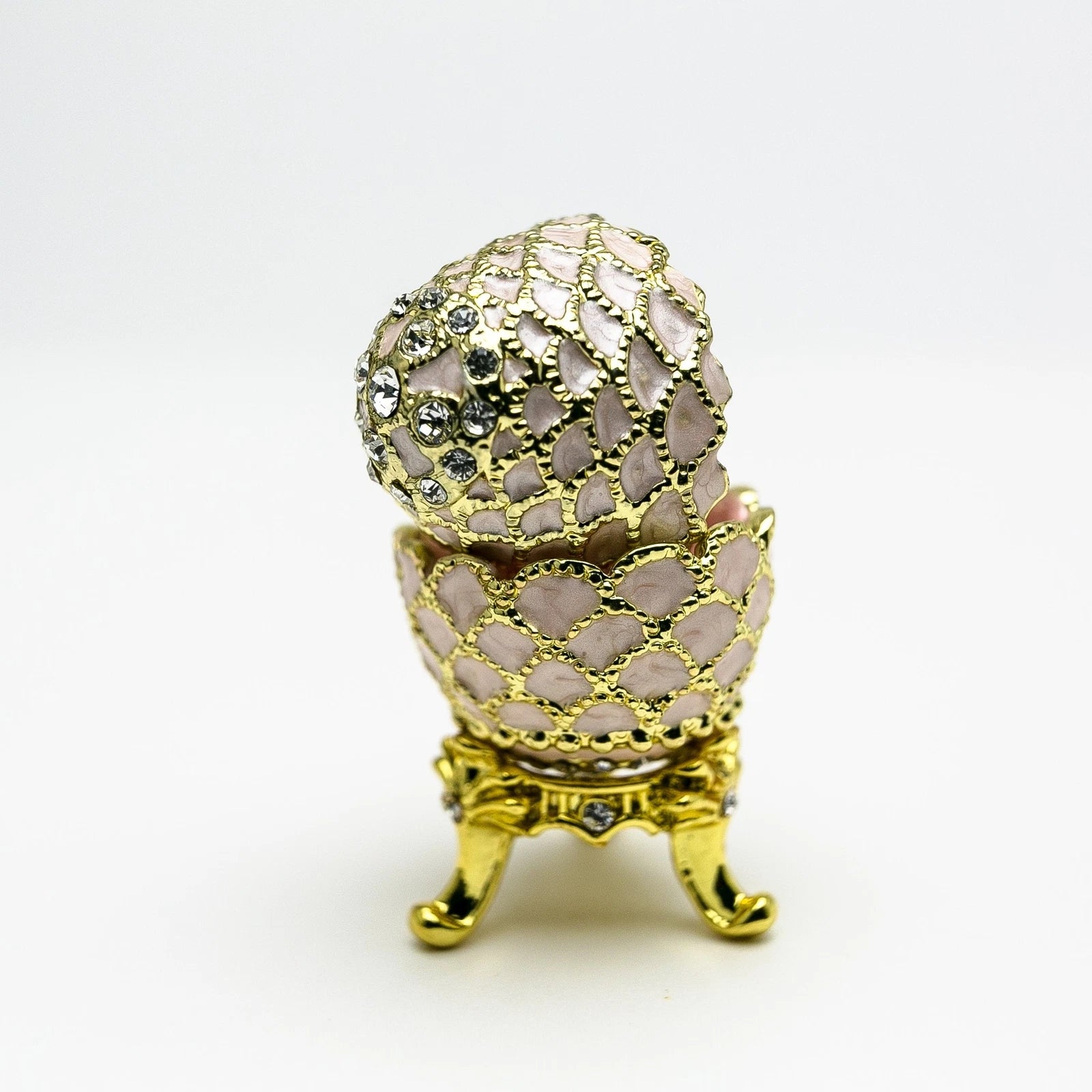 Hand-Painted Golden Pink Enamel Egg Trinket Box with Crystal Accents