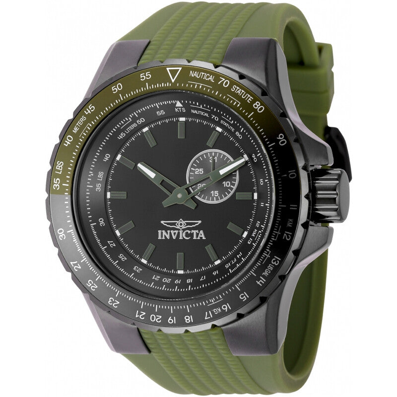Invicta Aviator Mens Quartz Black Dial Green Silicone Strap Watch