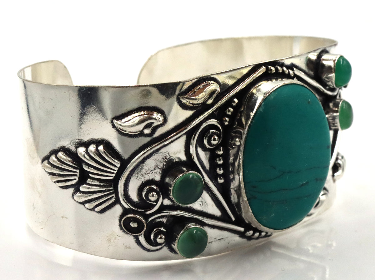 925 Sterling Silver Ornate Turquoise Cuff Bracelet