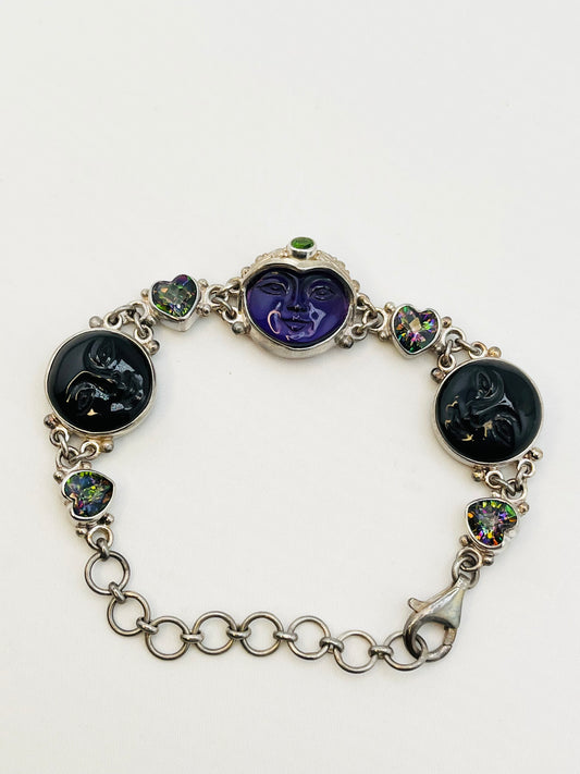 925 Sterling Silver Signed Sajen Hand Made Carved Amethyst And Mystic Topaz Accent Bracelet