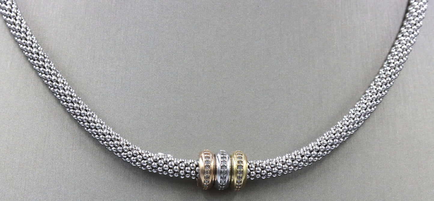 925 Sterling silver Tri color Mesh collar necklace with diamonds