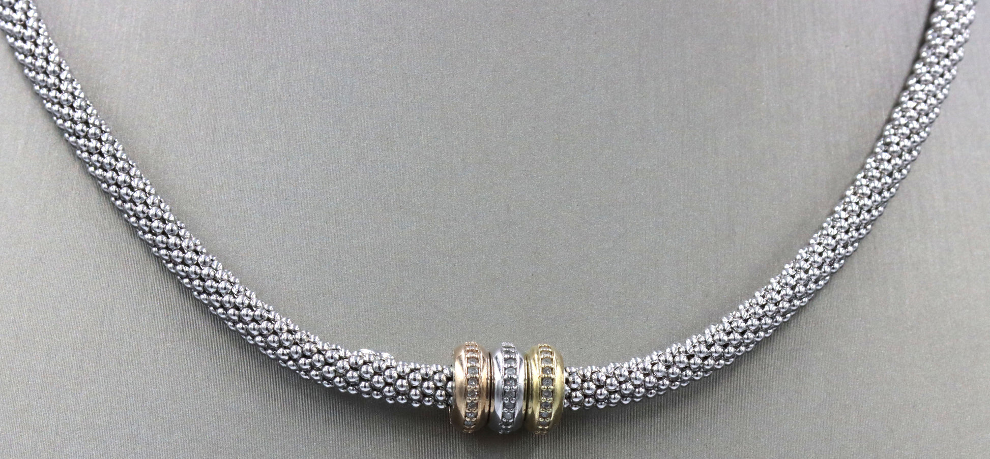 925 Sterling silver Tri color Mesh collar necklace with diamonds