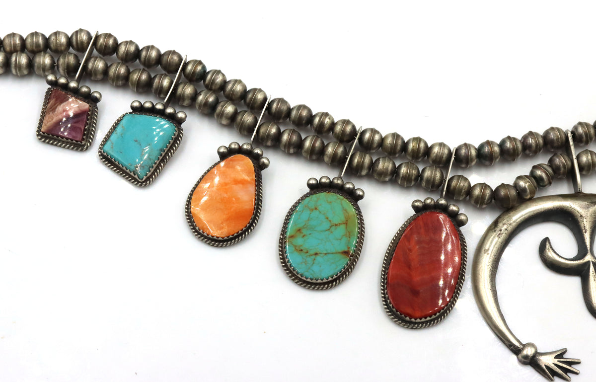 925 Sterling Silver Native American Navajo Squash Blossom Turquoise And Color Stones Necklace