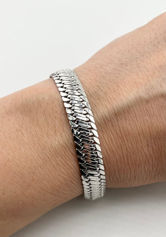 Italian 14KT White Gold 10MM Flattened Curb Cuban Chain Bracelet