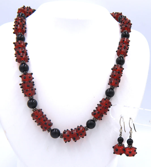 Black onyx and glass necklace with matching dangle earrings
