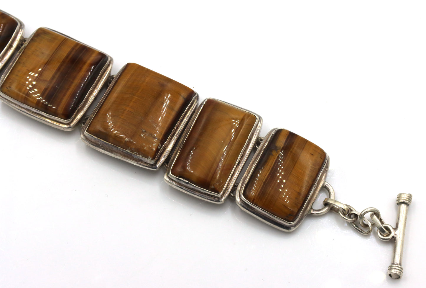 Vintage 925 sterling silver Tiger eye square link adjustable bracelet