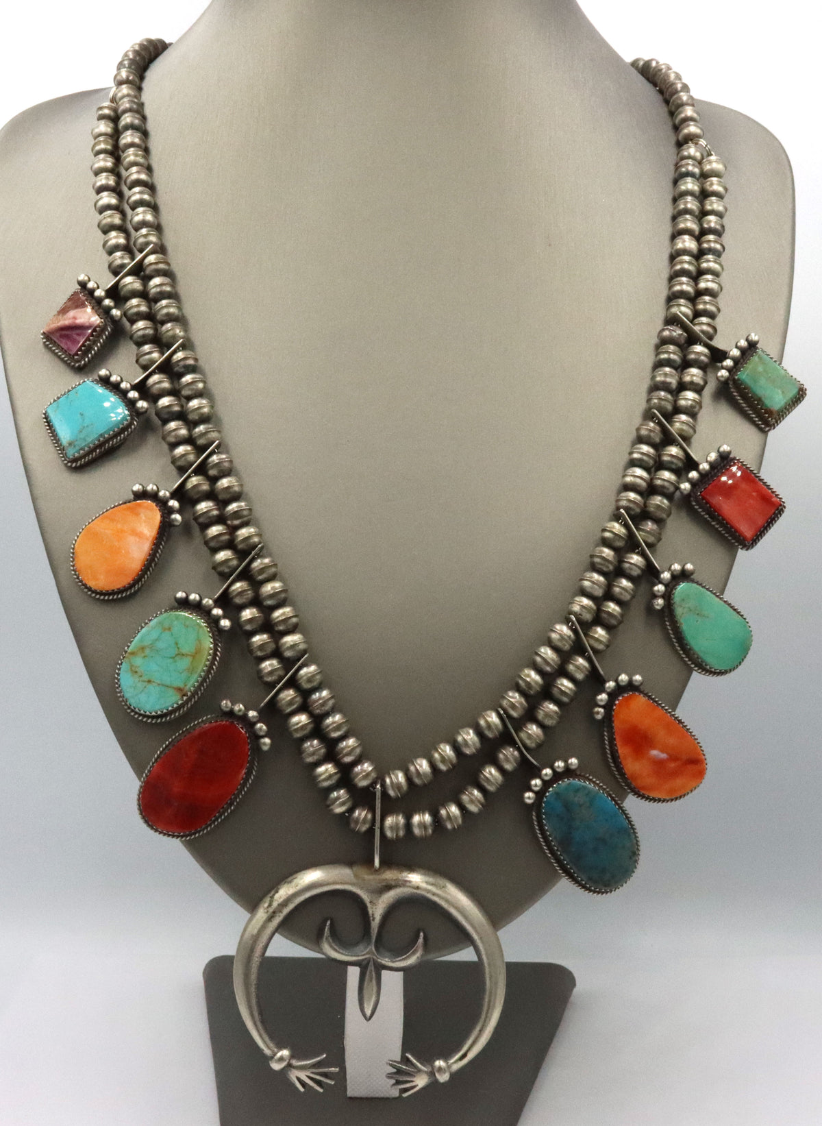 925 Sterling Silver Native American Navajo Squash Blossom Turquoise And Color Stones Necklace