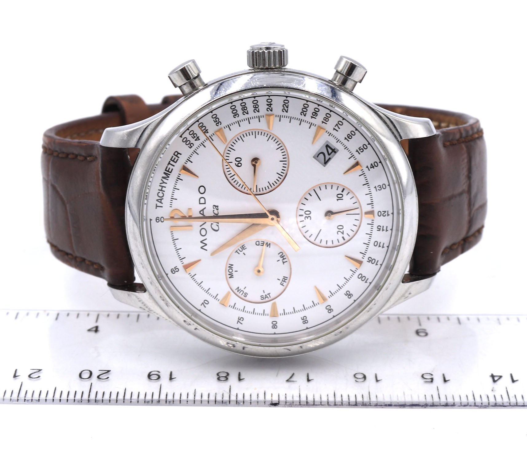 Movado Circa white dial watch with brown leather strap