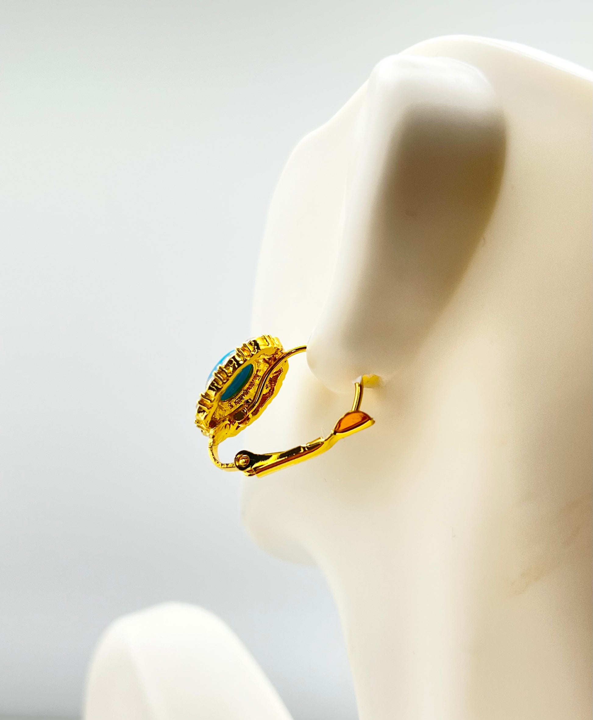 925 Gold Tone Sterling Silver Turquoise Color Stone With Halo Rhinestones Earriungs