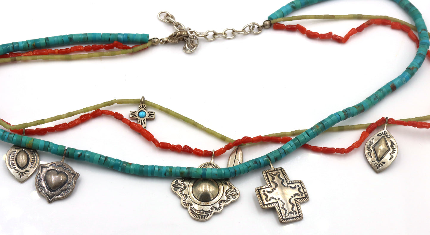 American Indian Navajo 3 strand turquoise and coral necklace with charms